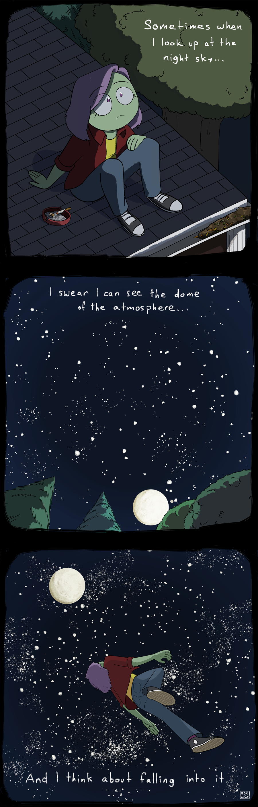 A three-panel comic of Dizzy sitting on the roof and staring up at the night sky. The text says: 'Sometimes when I look up at the night sky, I swear I can see the dome of the atmosphere... and I think of falling into it.' The last panel shows her floating up towards the stars and moon.