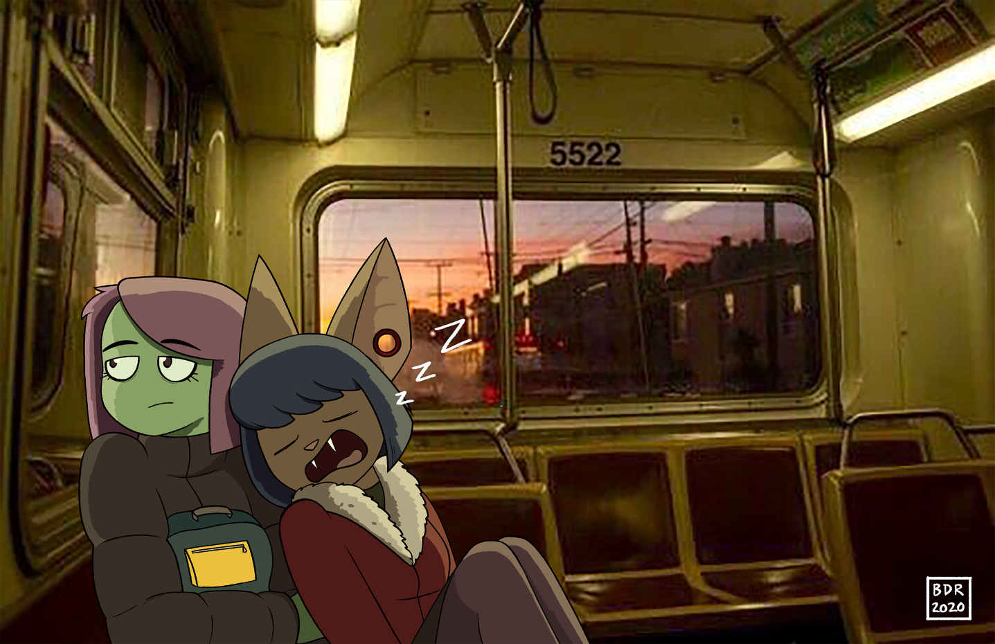 My characters Dizzy and Beth, riding a bus in winter clothes. Beth has fallen asleep on Dizzy's shoulder and snores loudly while the latter gazes out of the window.