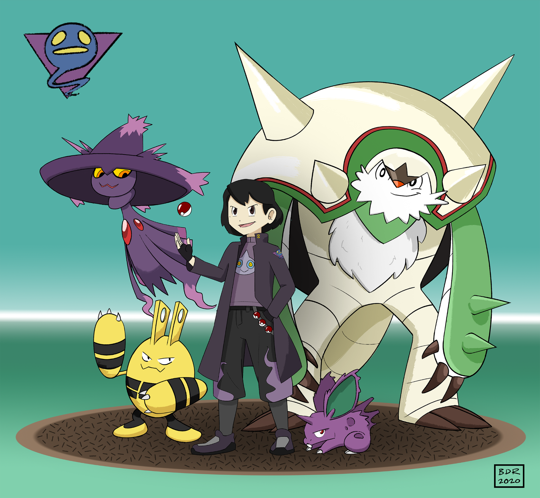 I drew myself as a Pokemon trainer with some of my favorite pokemon: male nidoran, mismagius, elekid, and chesnaught.