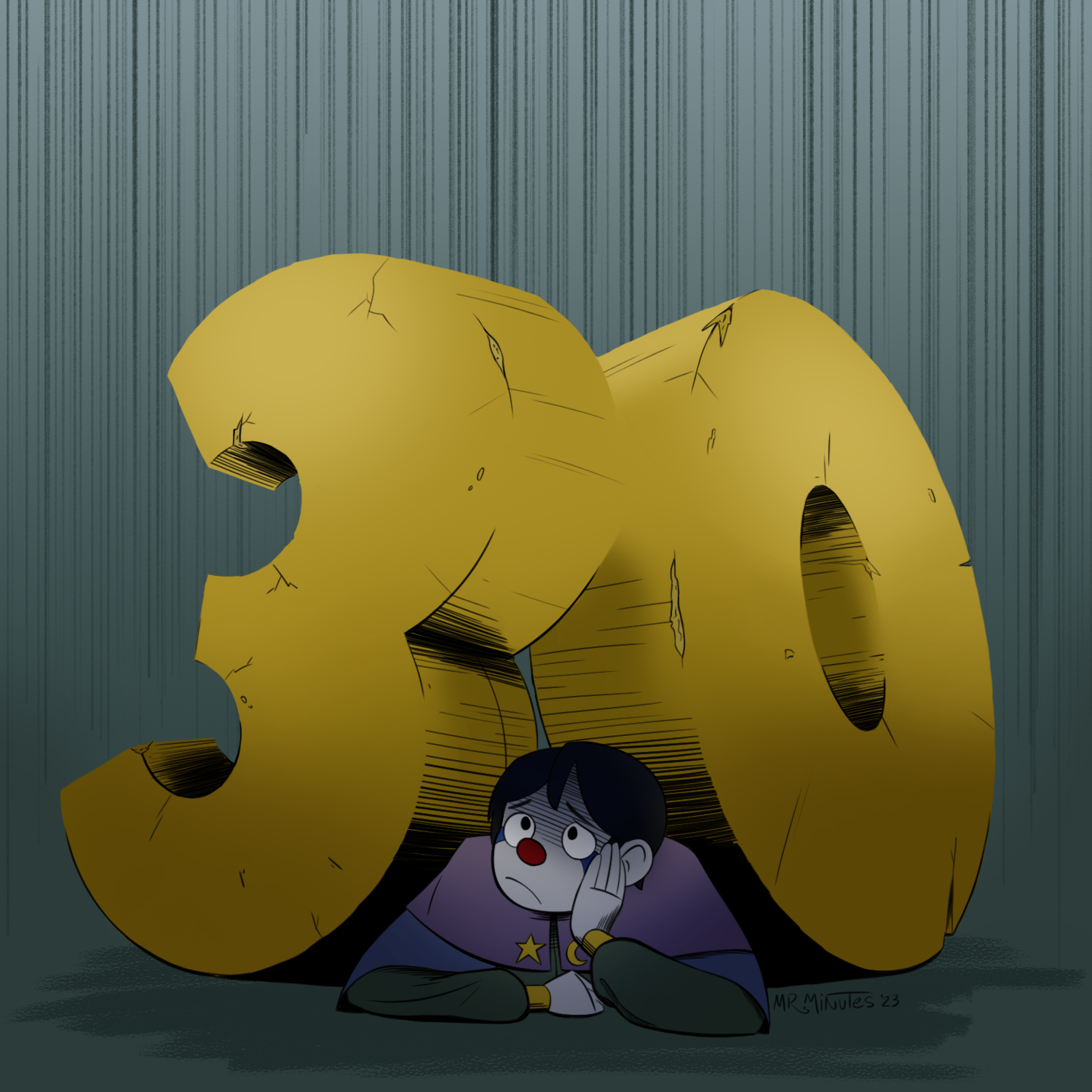 My OC Mister Minutes being crushed under a giant number 30 made of stone. I drew this for my 30th birthday lol