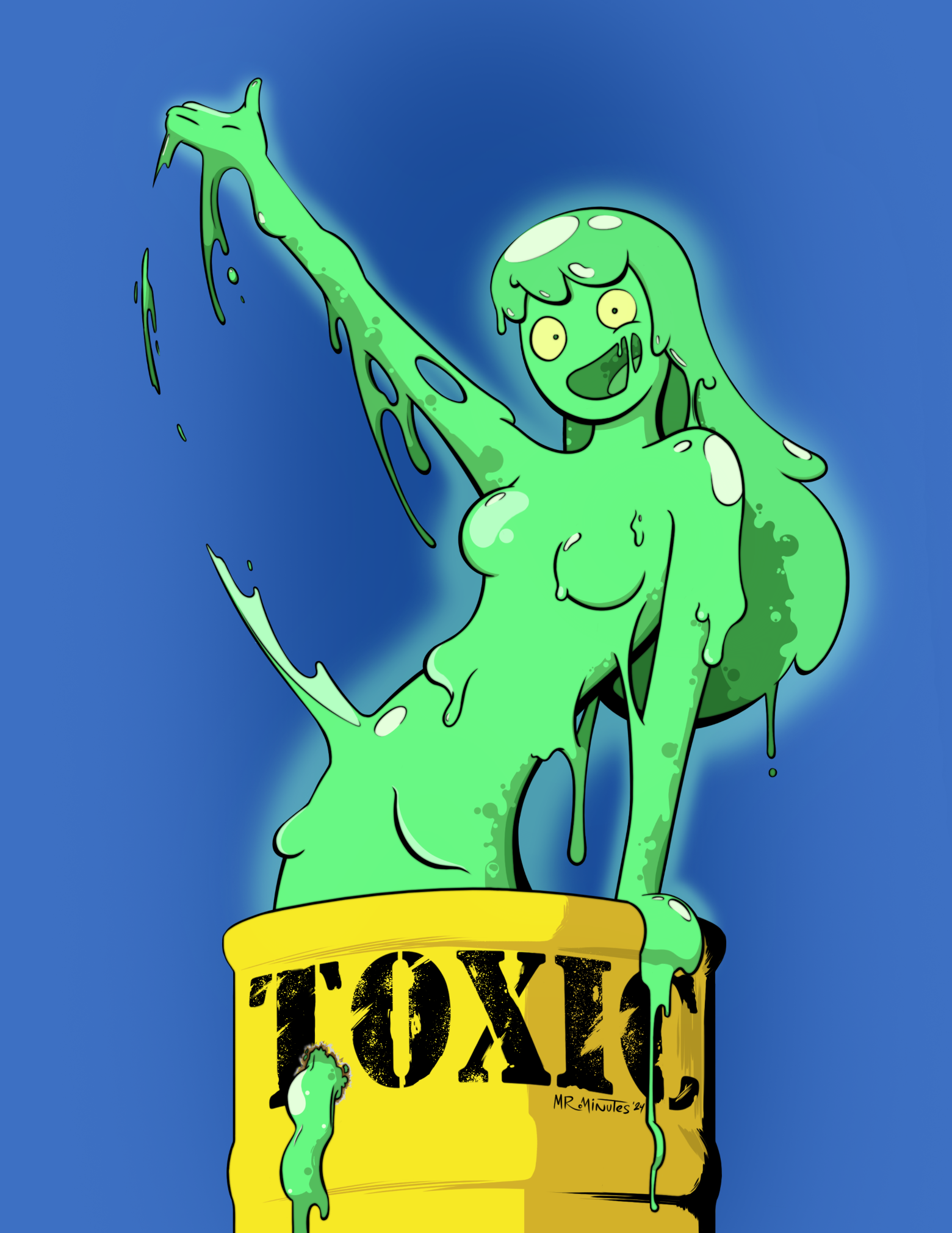 Toxic: A cutie slime girl made of green toxic ooze pops up from a yellow oil drum with a huge happy smiile on her face.