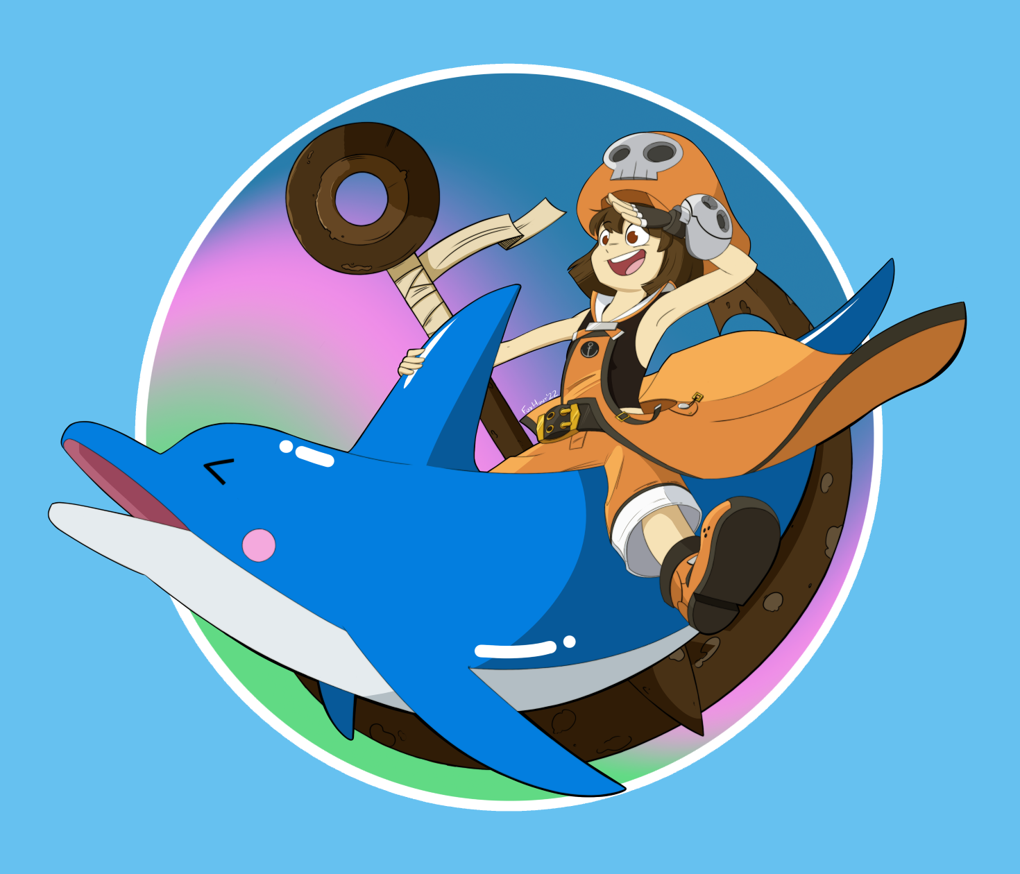 The character May from the video game Guilty Gear Strive, riding on the back of a blue dolphin.