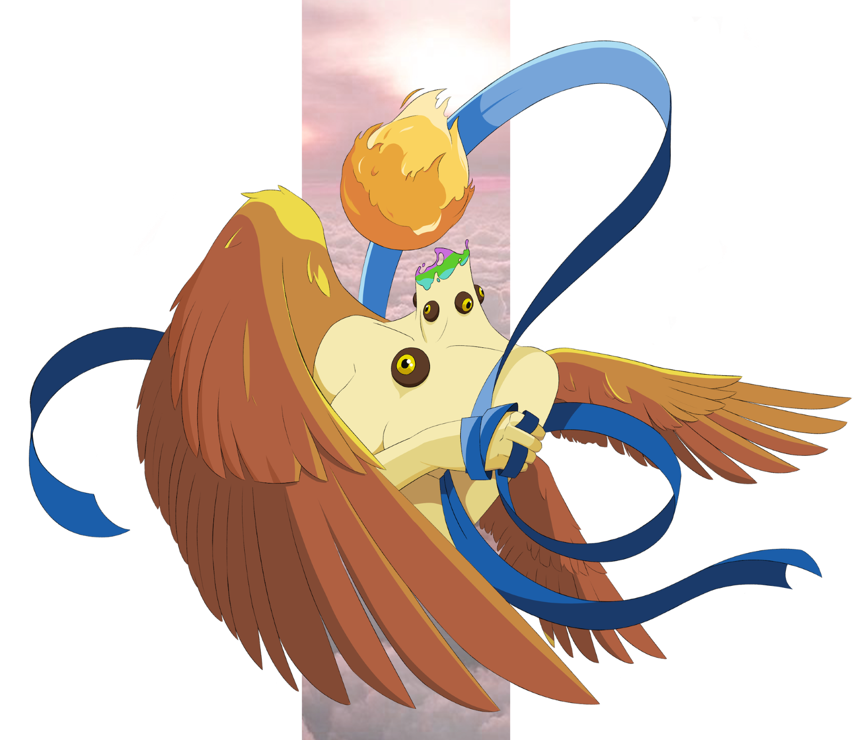 A three-winged female angel with a ball of fire for a head, encircled by a floating blue sash.