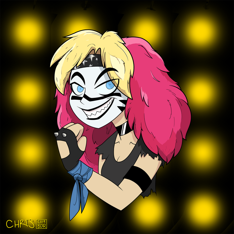A female 80's hair metal singer with feathered pink-and-blonde hair and KISS-style face paint and sharp teeth grinning at the viewer.