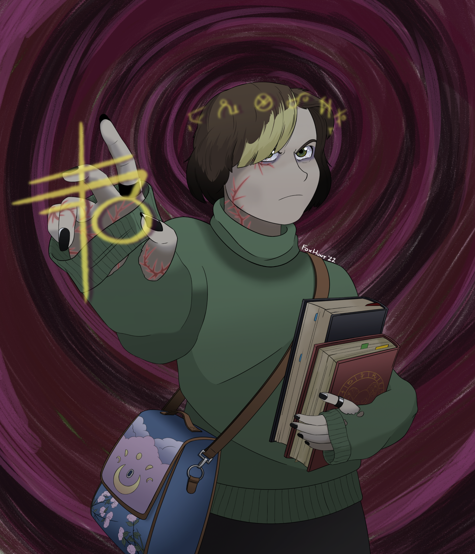 A disheveled and tired-looking girl glares at the viewer, raising her hand to aim a dark magic spell. Glowing magic sigils float in front of her hand and encircle her head. Red markings resembling thorny vines are creeping up her neck and palm. In her arm she holds two thick, old magical tomes.
