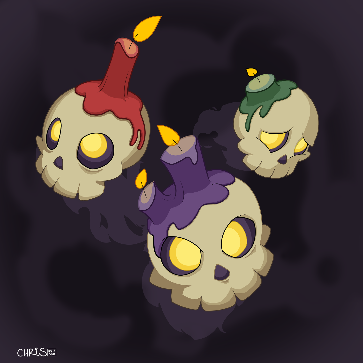 Three floating skulls flying at the viewer; each one has a melting candle on top and a different expression: excited, scowling, and nervous