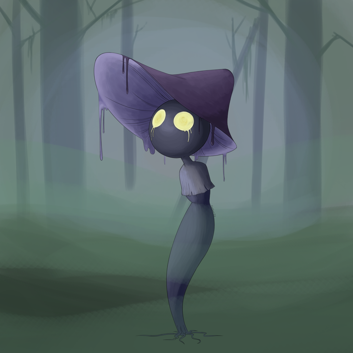 A dark purple humanoid mushroom with glowing yellow eyes stands alone in a misty green swamp.