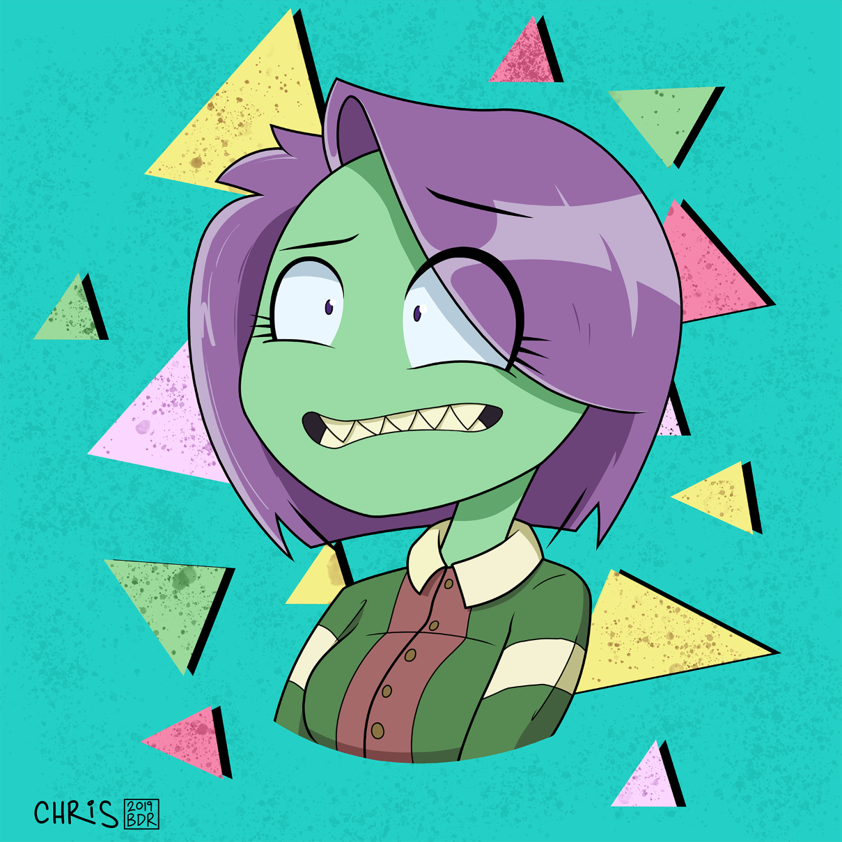 Dizzy making a cringing expression at the viewer, with a funky 90's background of floating shapes and textures.