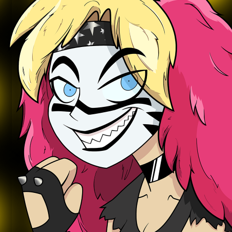 An 80's glam rock-style female singer with KISS-style makeup and a sharp-toothed grin