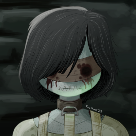 A girl in a dingy dungeon, wearing a straitjacket and bloody blindfold