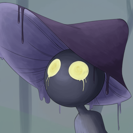 A humanoid mushroom with big glowing eyes