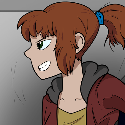 A redheaded woman wearing a scruffy sci-fi smuggler's jacket, smirking